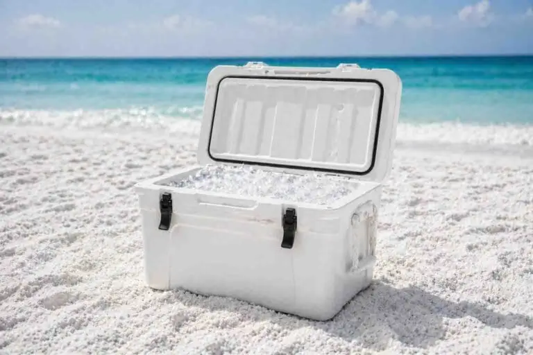 Beach cooler with ice and drinks on white sand in Destin Florida, Miramar beach, Seaside, Santa Rosa Beach, 30A, Inlet Beach, Watercolor for bonfire and picnic setup
