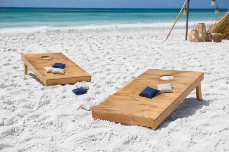 Cornhole boards set up on white sand beach bonfire in Destin, Miramar Beach Seaside, Santa Rosa Beach, 30A, Inlet Beach, Watercolor