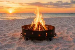 Extra fire pit setup on white sand beach in Destin, Miramar Beach Seaside, Santa Rosa Beach, 30A, Inlet Beach, Watercolor for bonfire event
