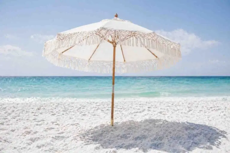 White beach umbrella setup on soft white sand in Destin, Miramar Beach Seaside, Santa Rosa Beach, 30A, Inlet Beach, Watercolor