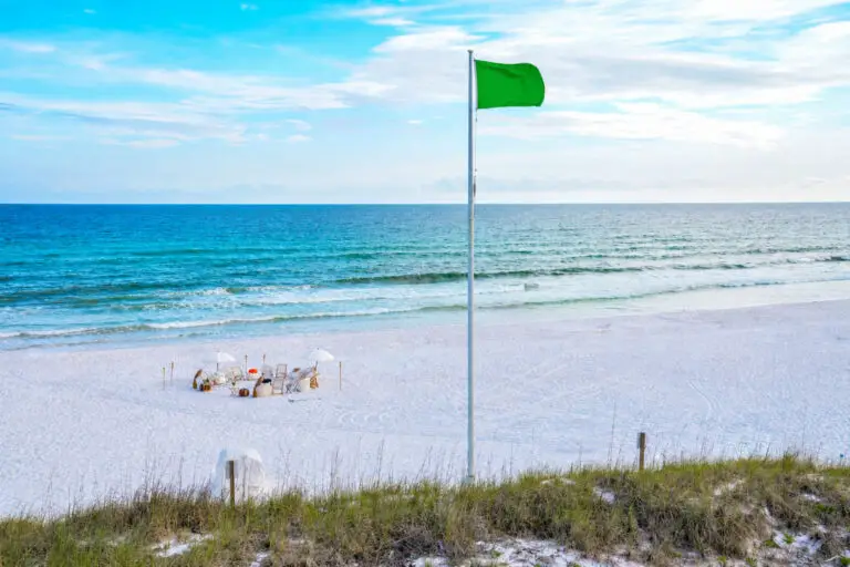 Beach bonfire setup on the sand with a green beach flag and sand dunes along 30A in Florida.