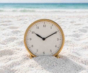 Clock on white sand beach representing extra time for beach bonfire in Destin Florida, Miramar Beach, Santa Rosa Beach, Watercolor, Seaside, 30A